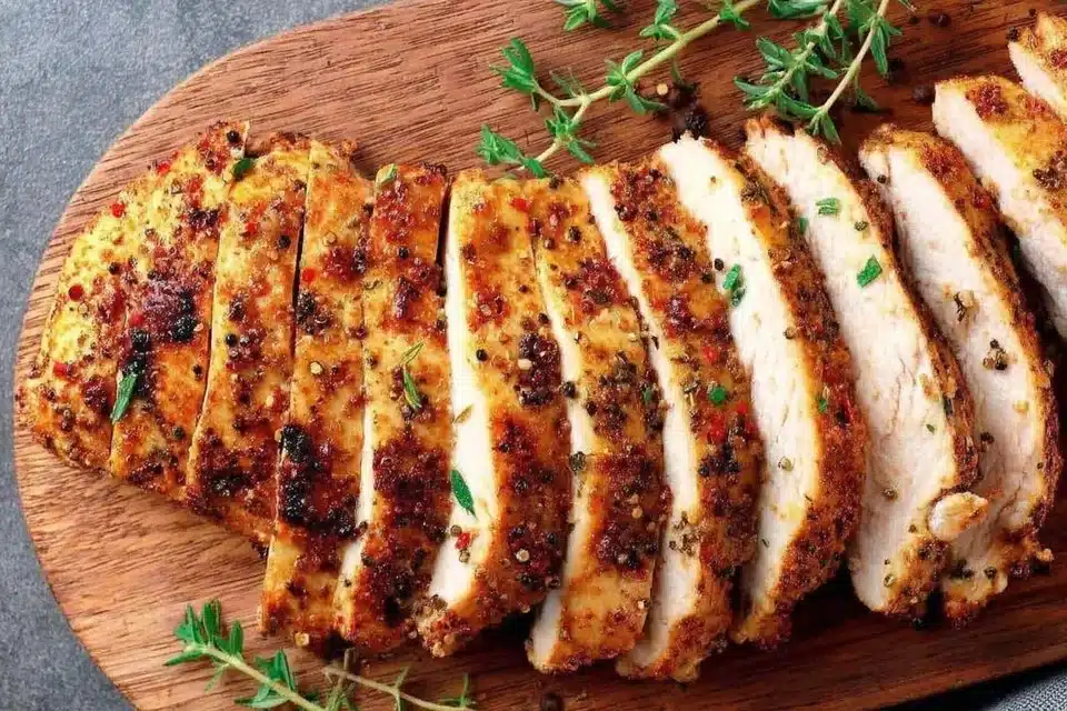 Slow cooker turkey breast served with herbs and side dishes.