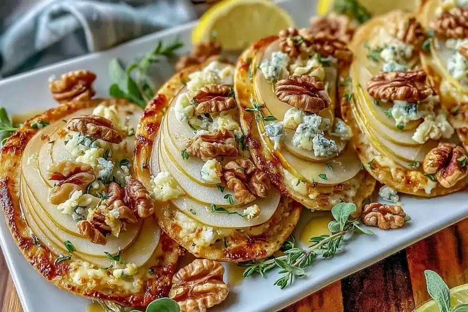 Elegant Pear & Gorgonzola Flatbread with fresh pears and crumbled cheese
