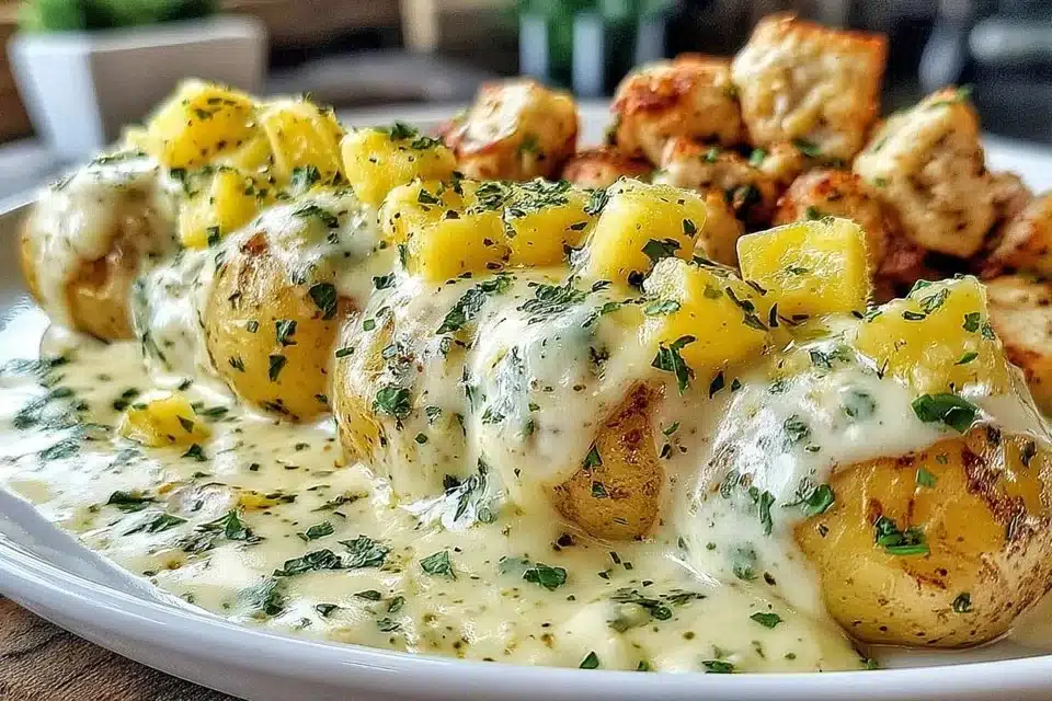 Crockpot Garlic Parmesan Chicken and Potatoes dish garnished with herbs