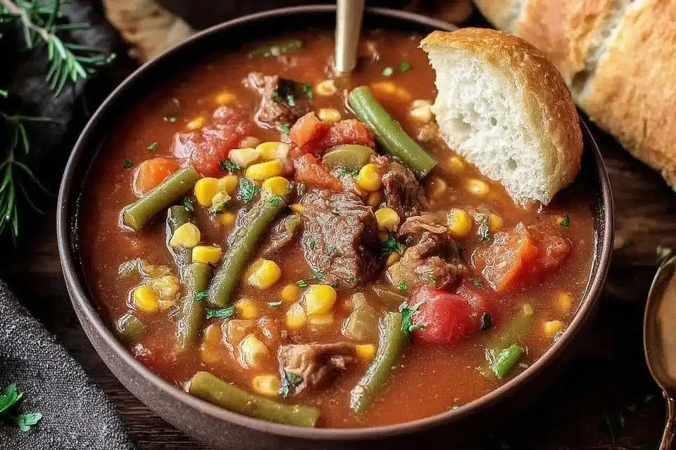 Bowl of traditional Georgia Brunswick Stew with vegetables and meat