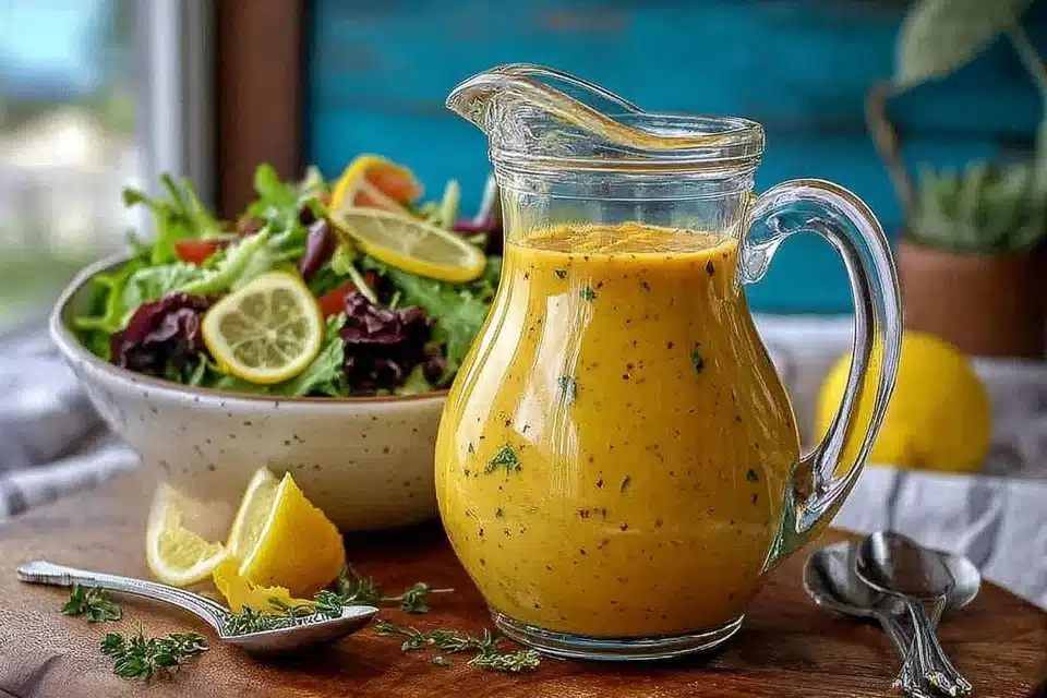 Delicious Greek Vinaigrette drizzled over a fresh salad