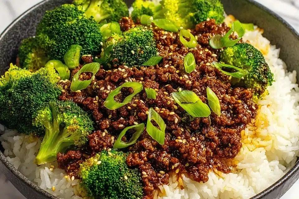 Ground beef and broccoli stir-fry served in a bowl with rice