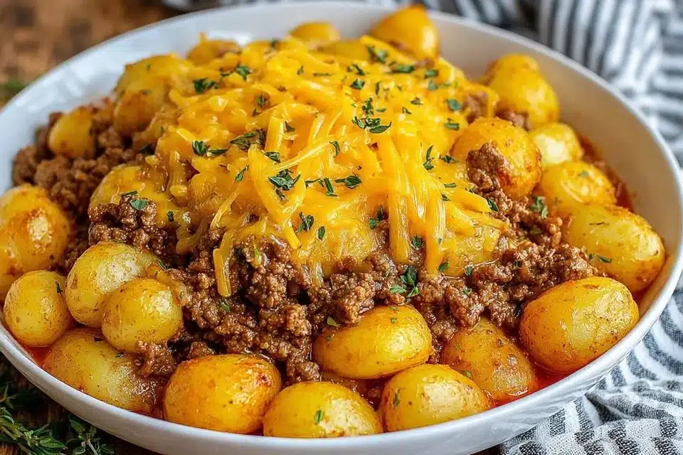 Delicious Ground Beef Hobo Casserole served in a baking dish