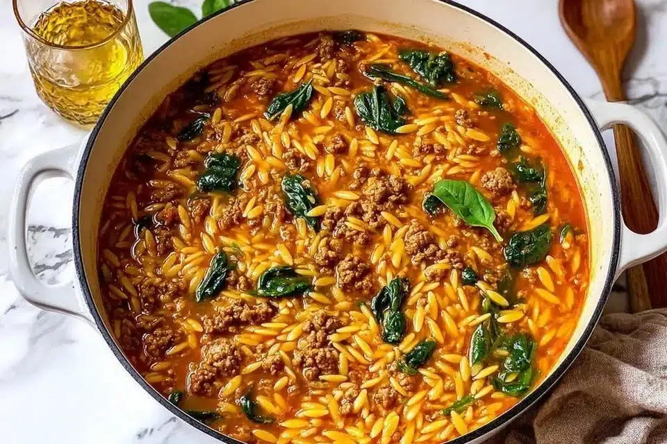 Delicious Ground Beef Orzo with Tomato Cream Sauce in a bowl garnished with herbs