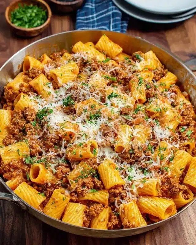 Delicious plate of ground beef pasta with herbs and cheese