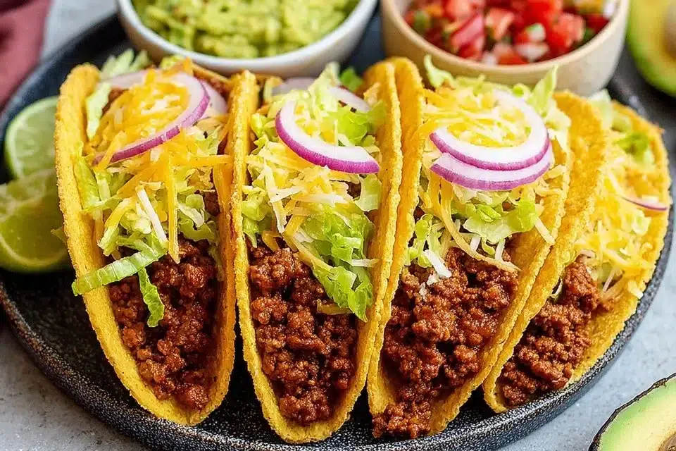 Plate of delicious ground beef tacos with fresh toppings