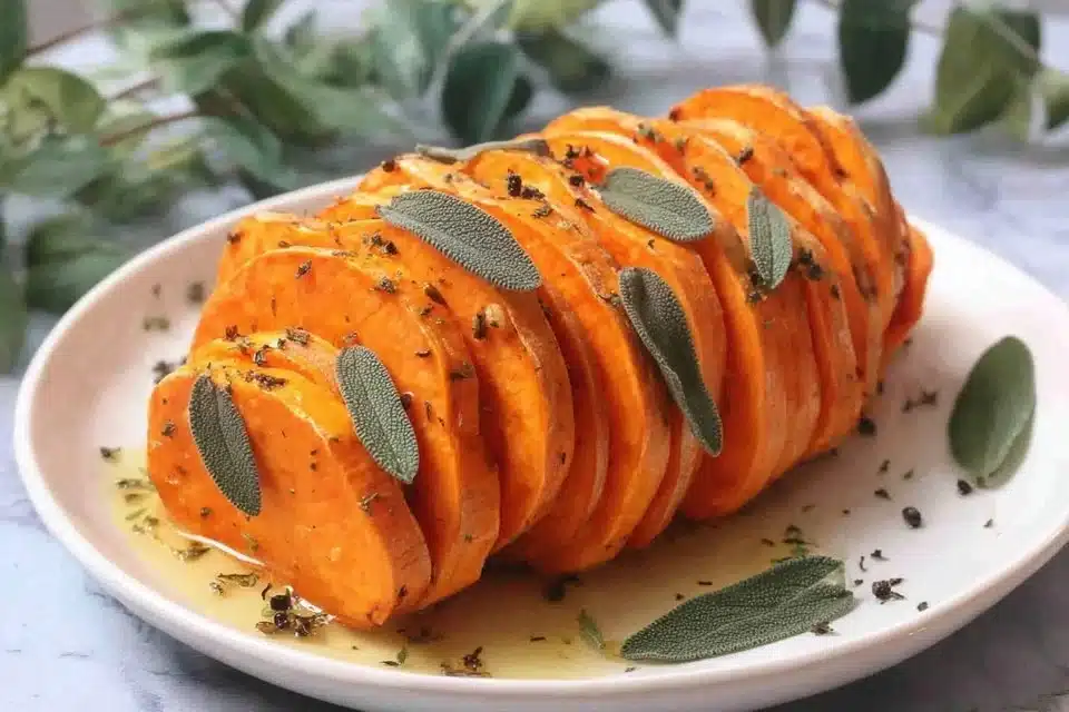 Delicious Hasselback Butternut Squash with Maple Pecan and Brown Butter Sage topping