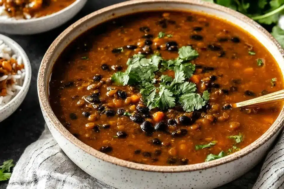 Bowl of healthy black bean and lentil soup garnished with herbs.