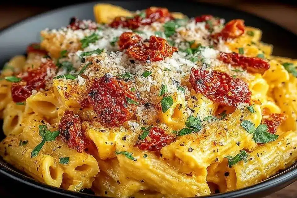 Delicious creamy roasted red pepper pasta with colorful peppers and herbs