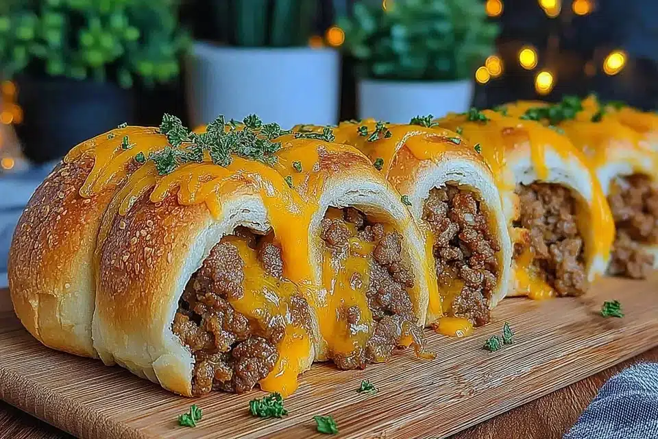 Irresistible garlic butter cheeseburger rollups fresh out of the oven.