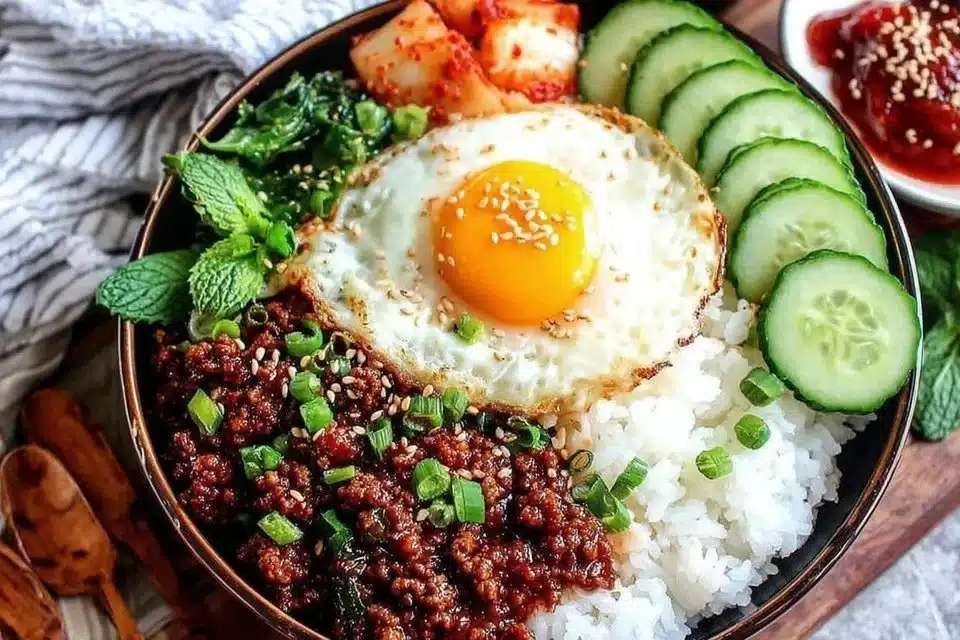 Delicious Korean Ground Beef Bowl topped with vegetables and sesame seeds.