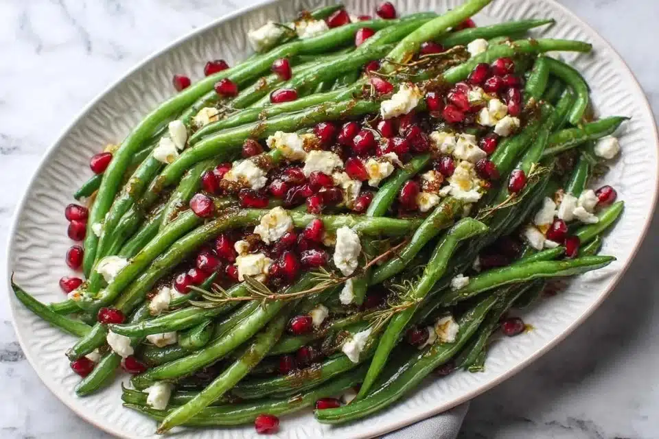 Maple Mustard Green Beans topped with Pomegranate and Goat Cheese