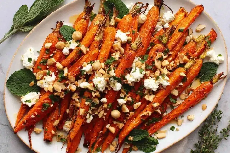 Maple roasted carrots with goat cheese and hazelnuts on a serving plate.
