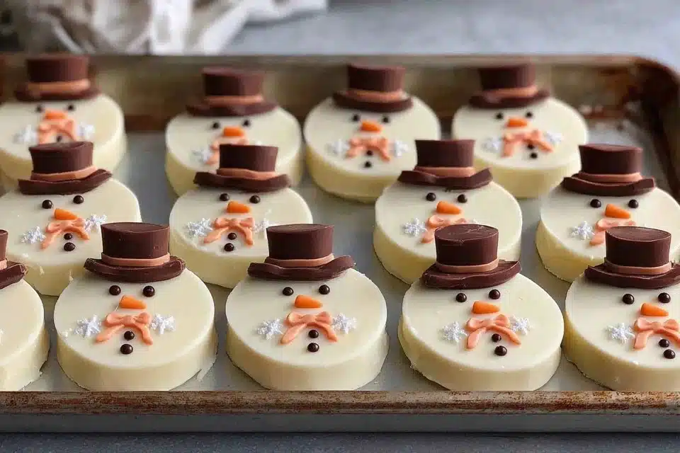 Melted Snowman Chocolate Bark decorated with festive toppings