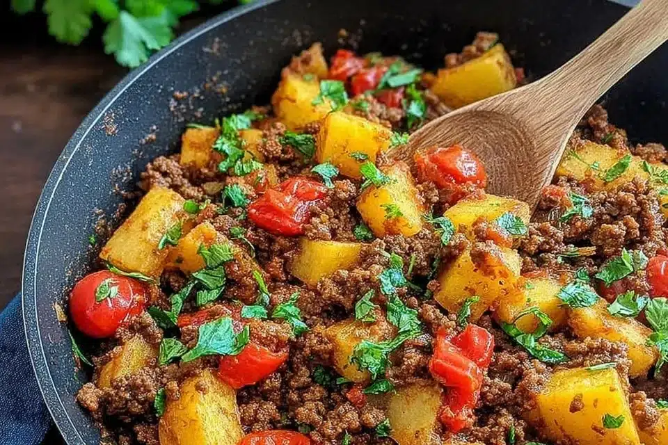 Bowl of Mexican Picadillo made with ground beef, potatoes, and spices