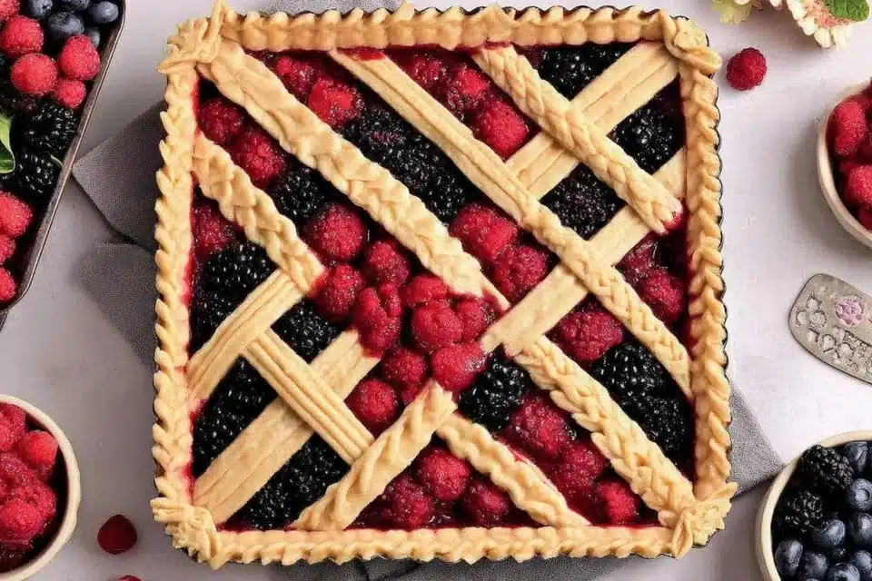 Delicious mixed berry slab pie filled with fresh berries and baked to perfection.