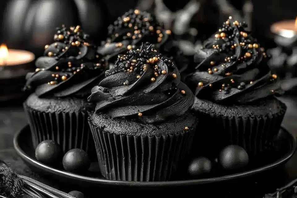 Delicious moist black velvet cupcakes topped with creamy frosting