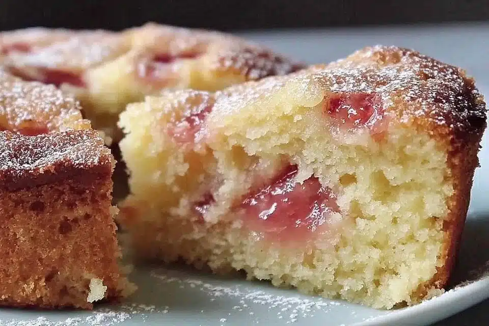 Moist sourdough rhubarb cake topped with fresh rhubarb and cream