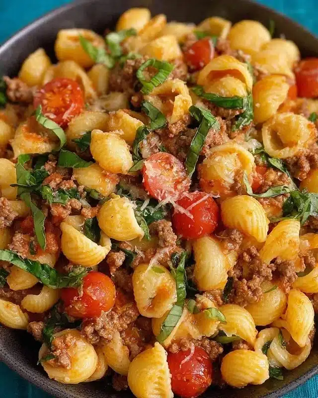 One Pan Healthy Ground Beef Pasta served in a skillet with fresh vegetables.