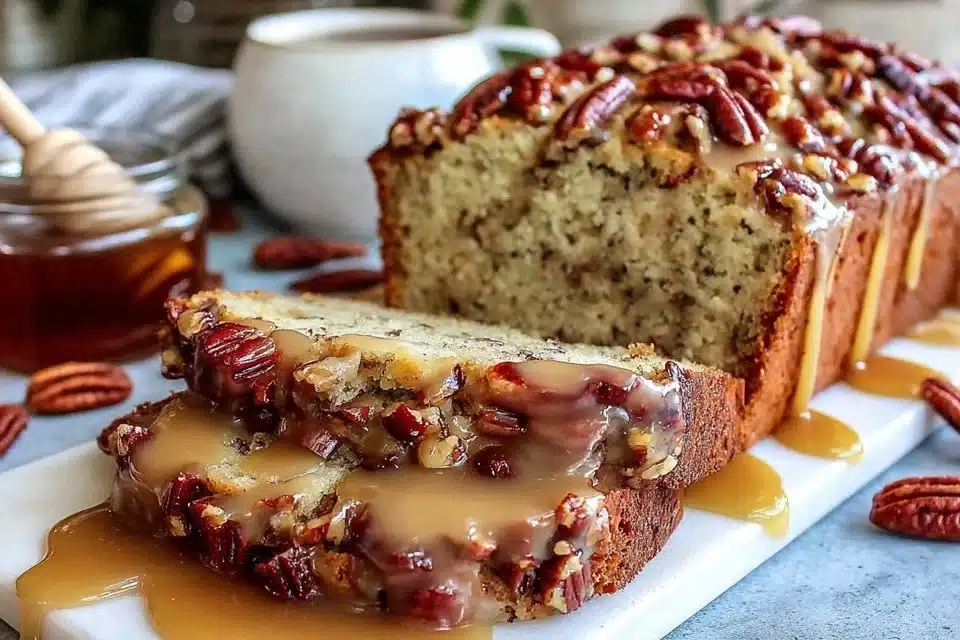 Delicious Pecan Praline Buttermilk Loaf Cake with pecan frosting