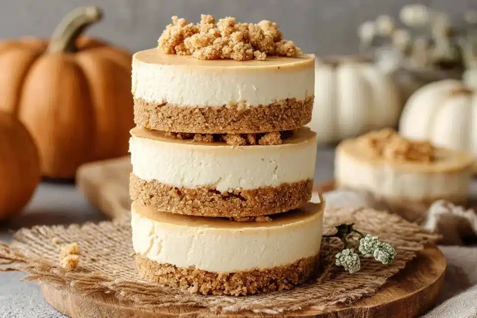 Slice of Pumpkin Streusel Cheesecake with decorative pumpkin on a plate.
