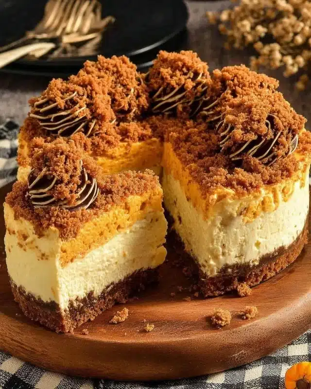 Delicious Pumpkin Streusel Cheesecake topped with crunchy streusel.
