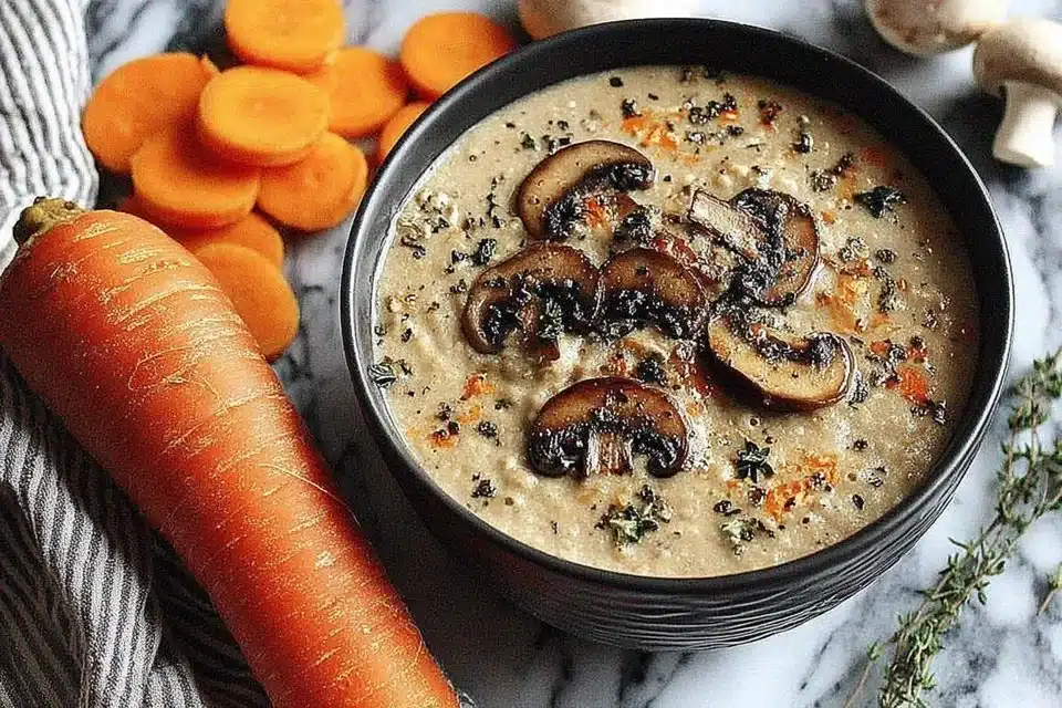 Bowl of rich creamy shiitake mushroom soup topped with fresh herbs