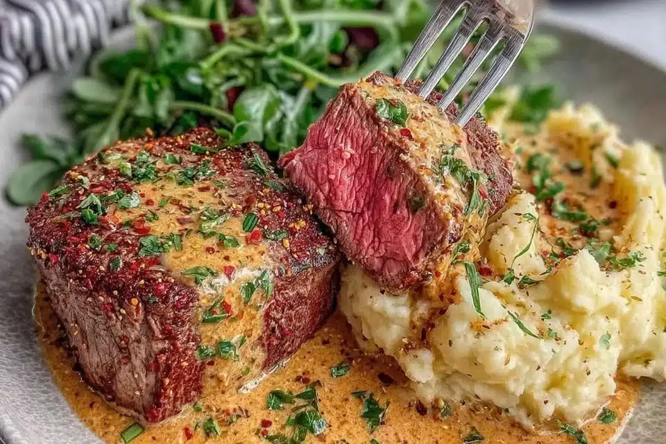 Delicious roasted garlic cowboy butter spread on grilled steak.