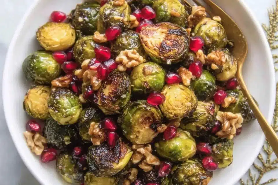 Roasted Maple Mustard Brussels Sprouts garnished with pistachios on a plate