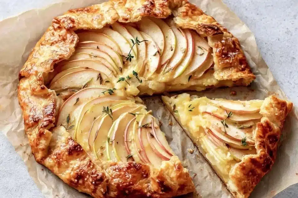 Rustic apple cheddar galette with flaky crust and apple slices