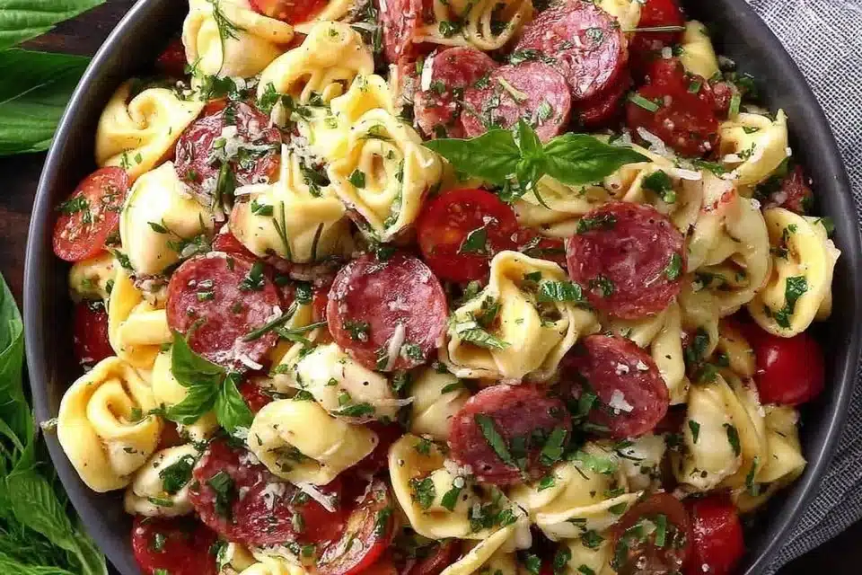 Salami Mozzarella Tortellini Pasta Salad served in a bowl with fresh vegetables