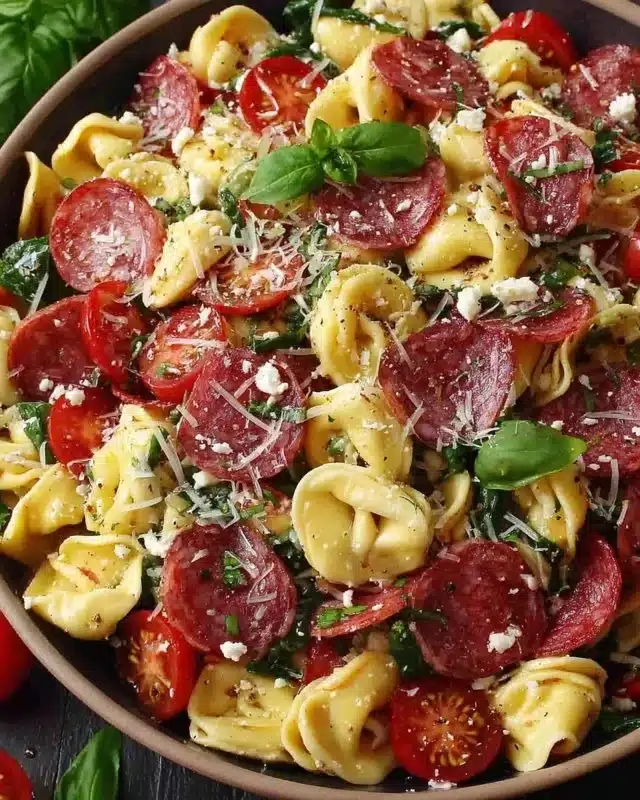Salami Mozzarella Tortellini Pasta Salad served in a bowl with fresh ingredients.