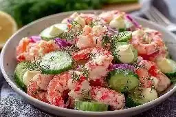 Fresh Seafood Salad with Crab and Shrimp served in a bowl