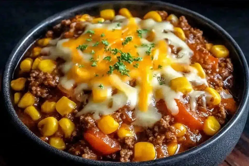 Delicious Slow Cooker Cowboy Casserole served in a bowl with toppings.