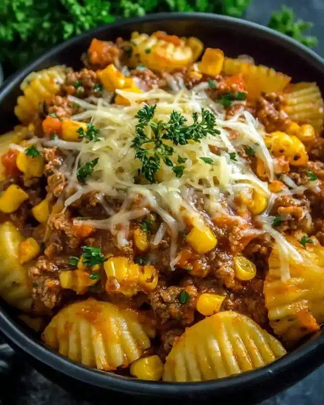 Delicious slow cooker cowboy casserole served in a rustic dish.