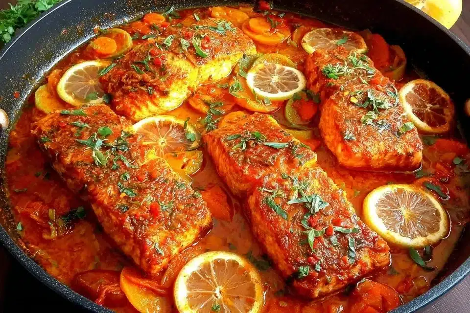 Bowl of Spicy Moroccan Fish Stew with Rich Paprika Sauce and fresh ingredients
