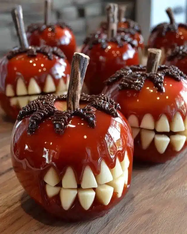 Spooky candied apples decorated for Halloween