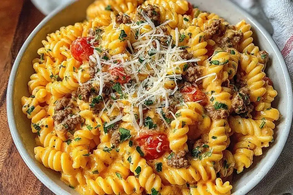 Plate of stovetop creamy ground beef pasta garnished with parsley.