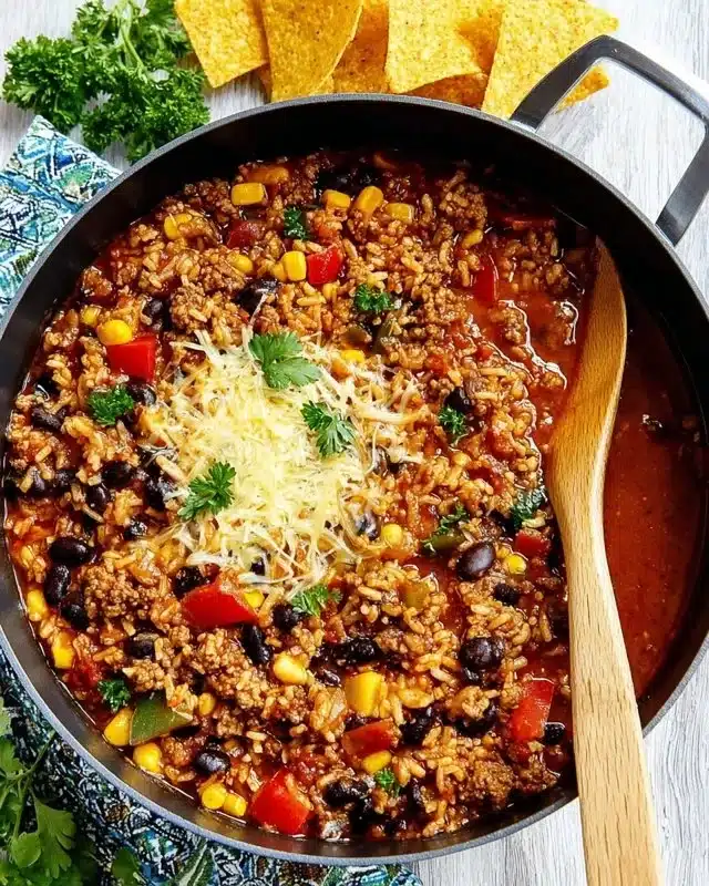 Delicious Mexican beef and rice skillet dish served in a colorful bowl