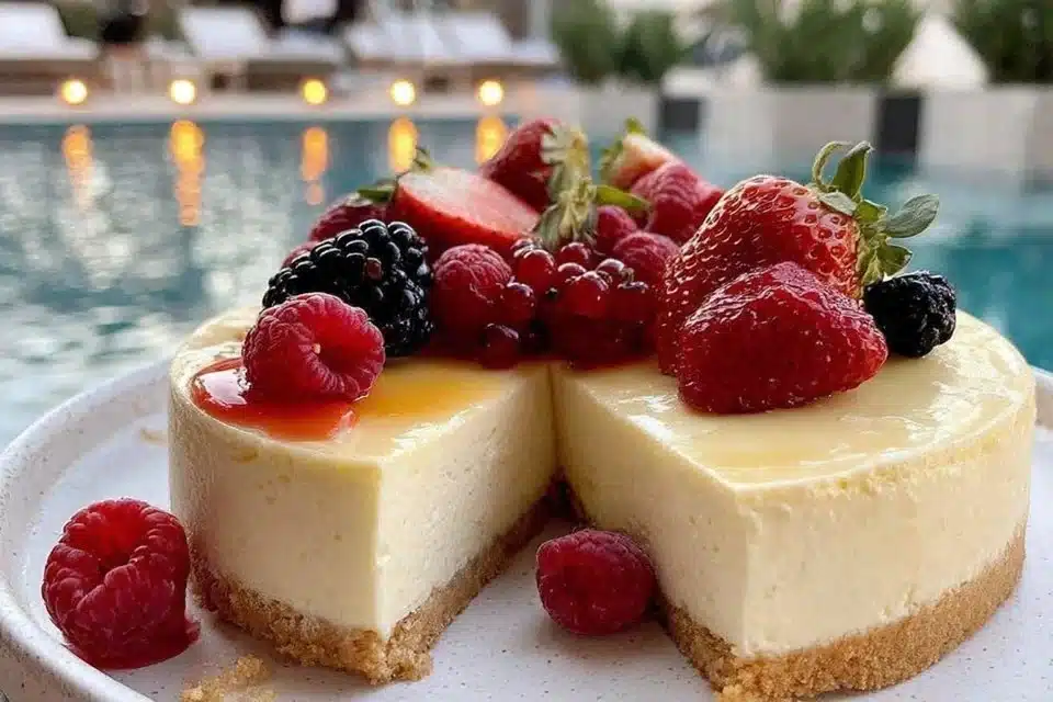 Slice of the best New York style cheesecake on a plate
