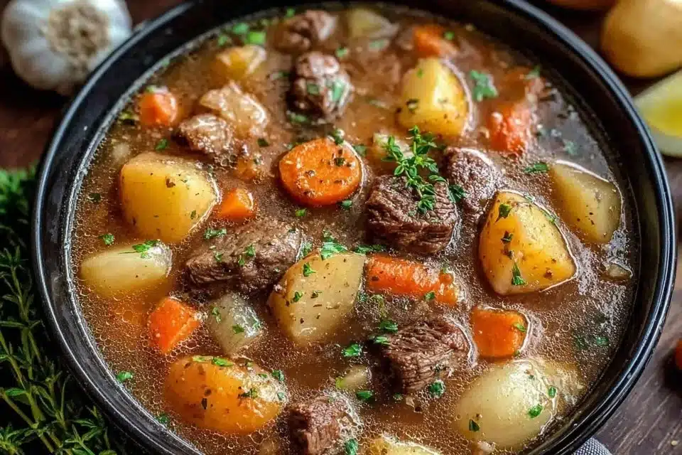 Bowl of Traditional Dublin Coddle with sausages and potatoes