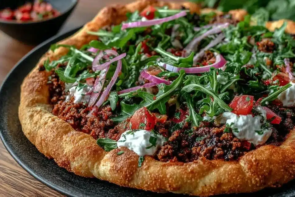 Authentic Turkish Lahmacun flatbread pizza with spiced meat topping