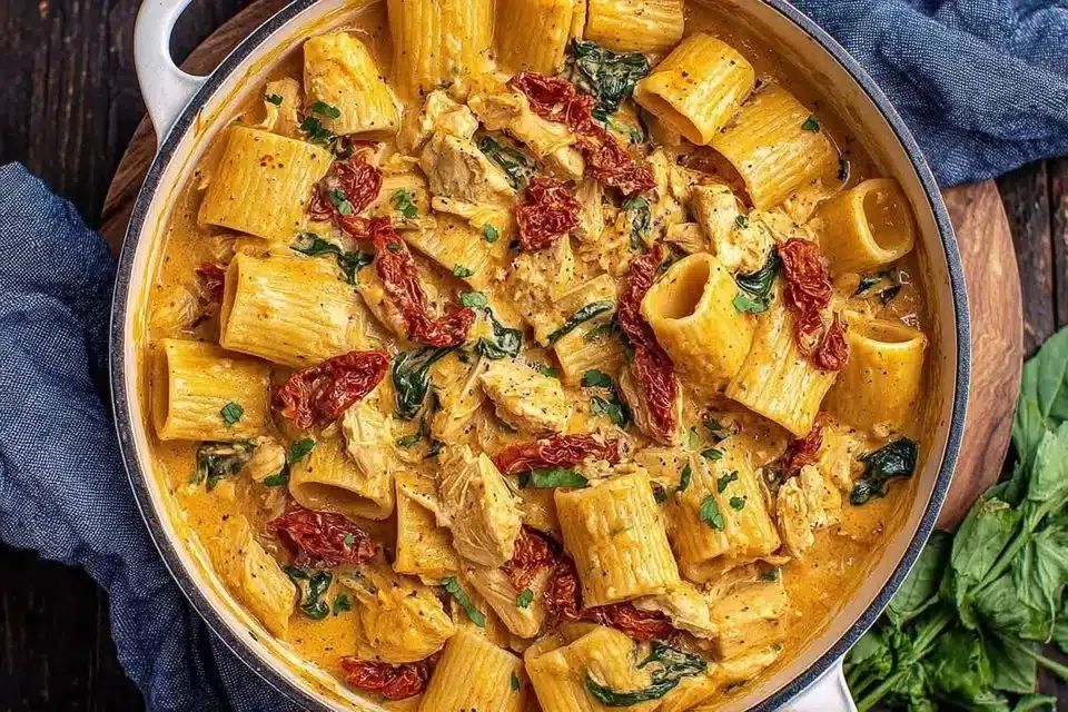 Delicious Tuscan Chicken Pasta with cream sauce, sun-dried tomatoes, and fresh herbs