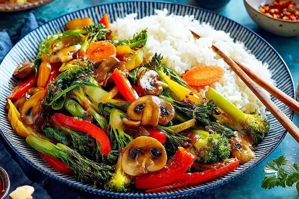Colorful vegetable stir fry with fresh ingredients in a pan