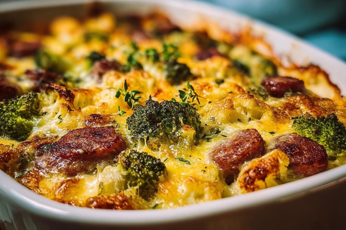 Keto Broccoli and Cauliflower Au Gratin with Sausage