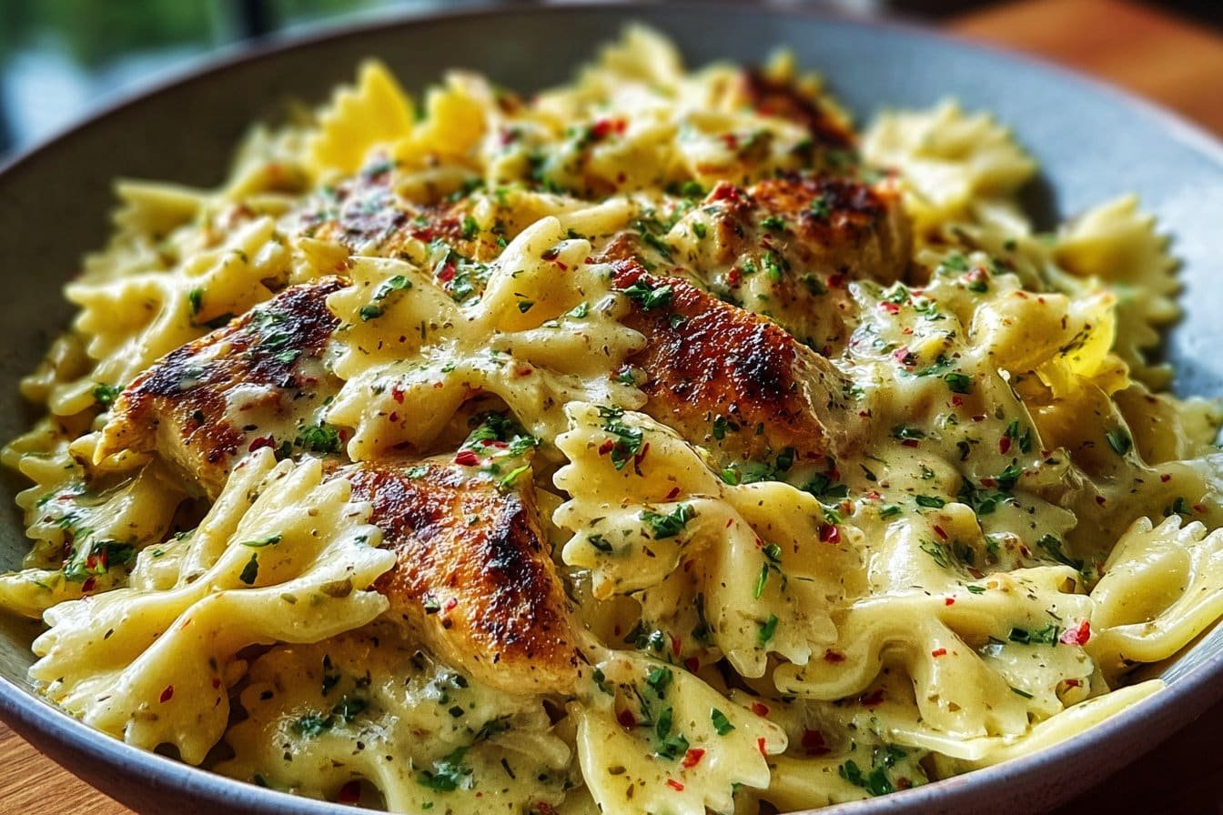 Mozzarella Garlic Butter Chicken Bowties in Cheesy Cream