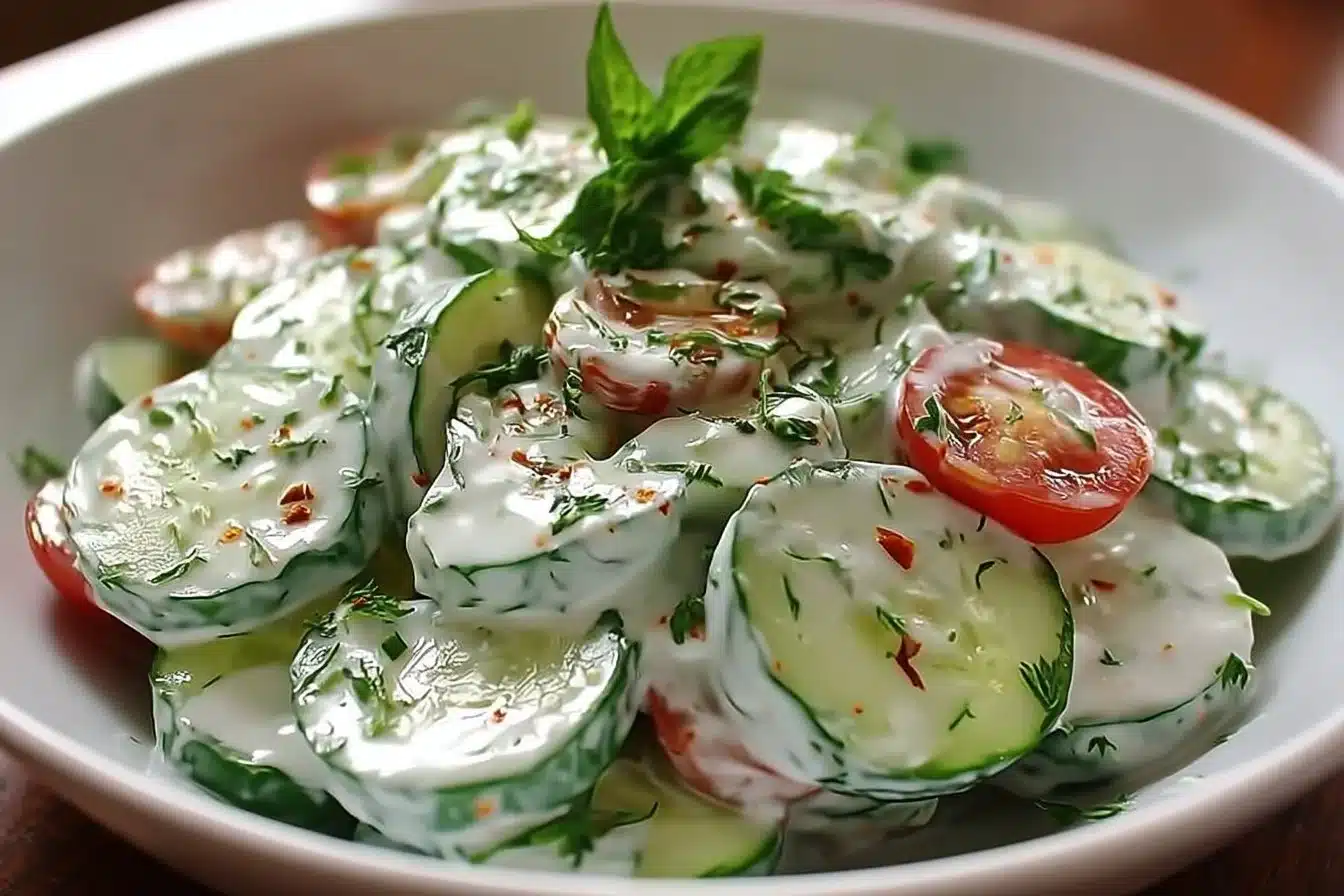 Delicious cucumber ranch salad topped with fresh veggies and creamy dressing