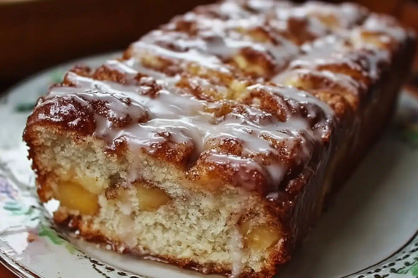 Amish Apple Fritter Bread with chunks of apple and cinnamon glaze