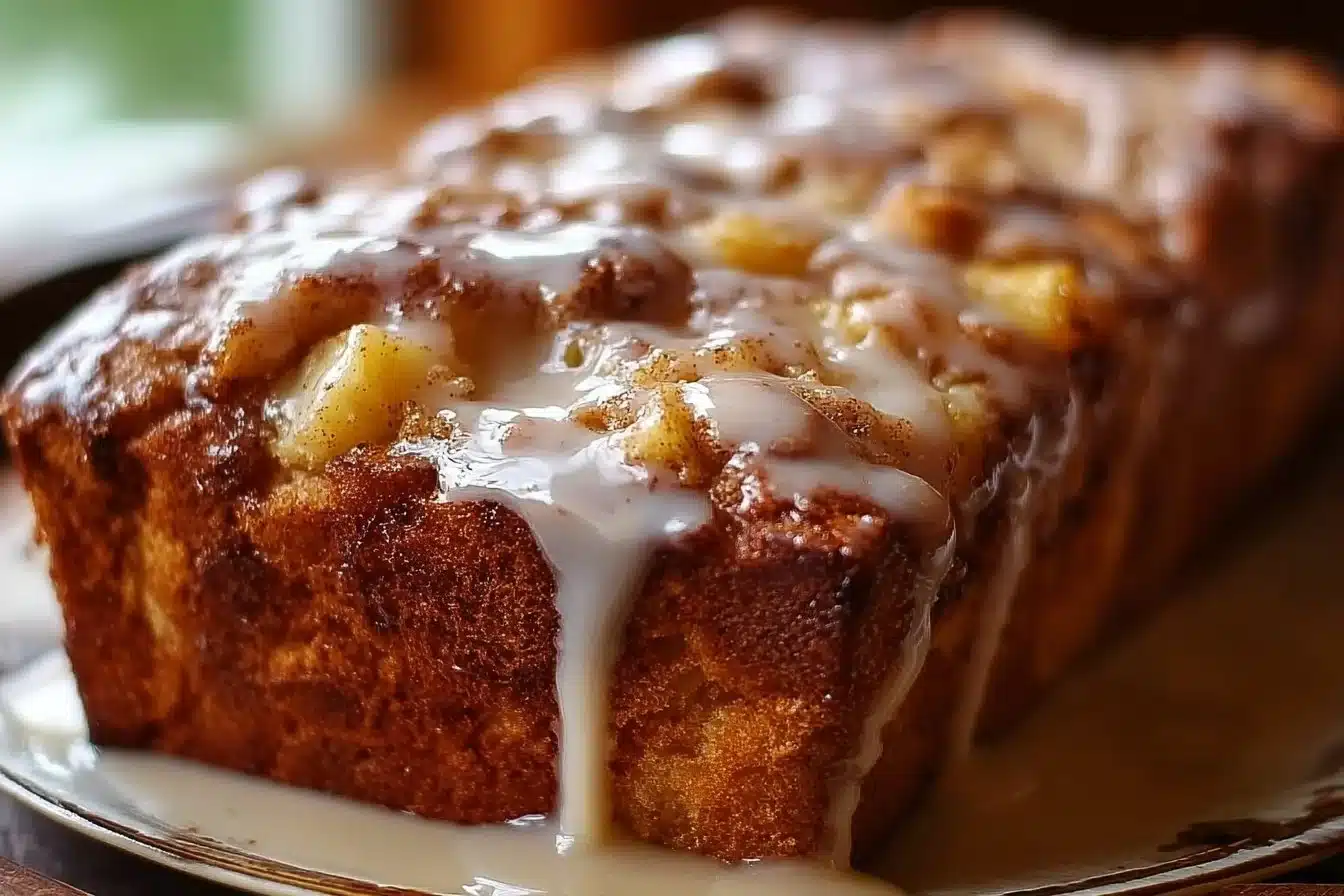 Delicious Amish apple fritter bread with chunks of apple and cinnamon glaze