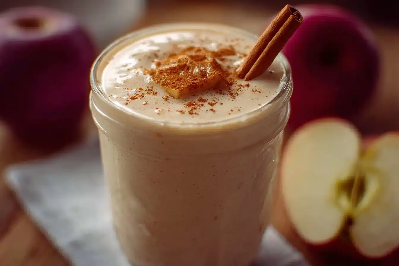 Delicious apple pie smoothie topped with whipped cream and cinnamon